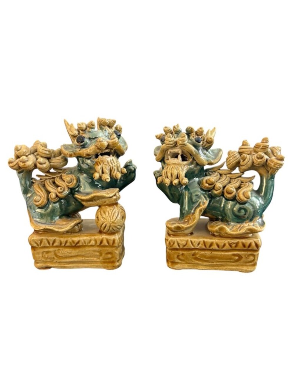 VTG Foo Dogs Ceramic Set Of Two Chinese Guardian Lions Decor Feng Shui Majolica